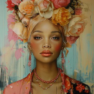 Portret in pastelkleuren met bloemen van Carla Van Iersel