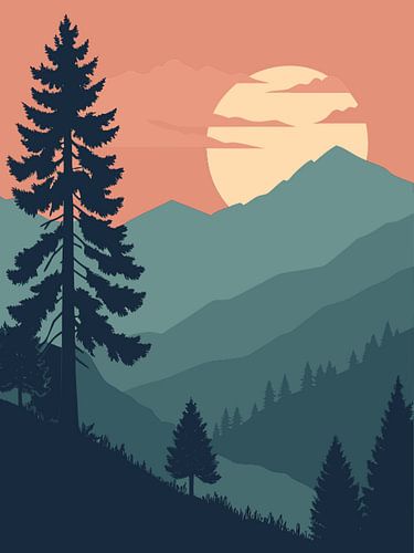 Sereen berglandschap met zonsondergang en torenhoge dennen