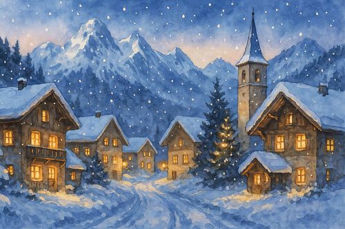 Winters dorp in de Alpen (AI) (avond, sneeuw, winter wonderland, besneeuwde bergtoppen, Kerstmis, kerktoren, knus, feestdagen, kerstboom, sprookjesachtig)))