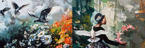 Digitale kunst twee luik met mensen en dieren panorama