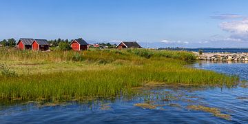 Red Swedish boathouses by the water by Adelheid Smitt