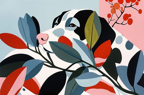 Abstract minimalistisch hond met bladeren kunstwerk