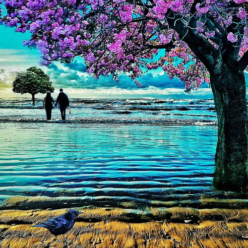 Bloeiende Japanse kers aan zee