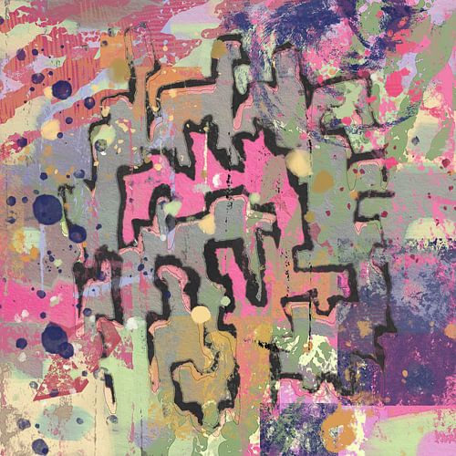 Kleurig abstract kunstwerk in roze paars groen en zwart