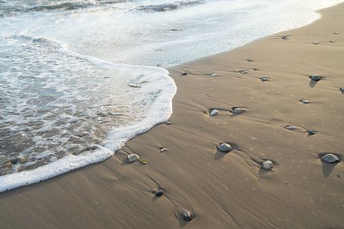 Zachte golven bereiken het zandstrand