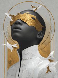 Modern Portret met Gouden Oogmasker en Vogels – Exclusieve Luxe Wandkunst
