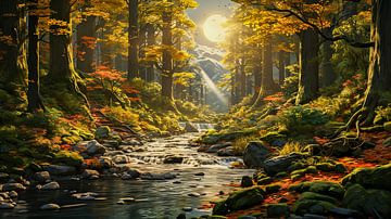 Bunter Herbstwald mit Fluss am Morgen von Animaflora PicsStock