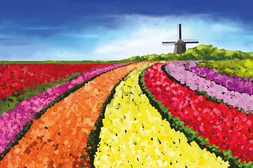 Landscape painting with tulip fields and windmill