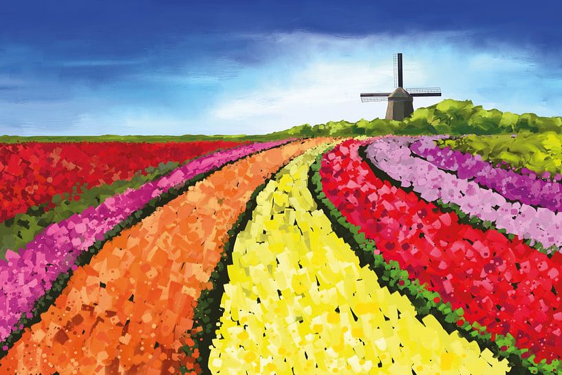 Landscape painting with tulip fields and windmill by Tanja Udelhofen