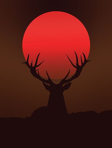 Silhouet van hert met vuurrode zonsondergang