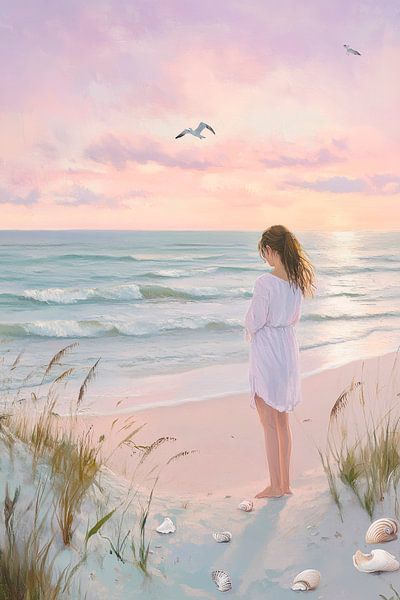Femme sur la plage au coucher du soleil par Poster Art Shop