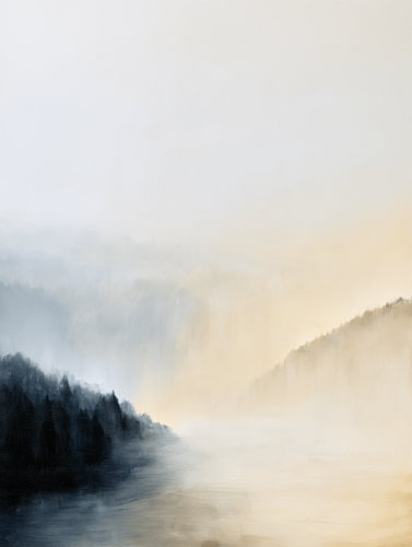 Morgennebel | Abstrakte Waldlandschaft als Wandkunst in Blau und Gold