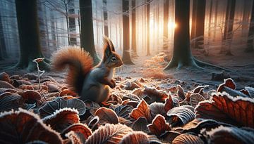 Morning stillness: squirrels in frosty autumn leaves by artefacti