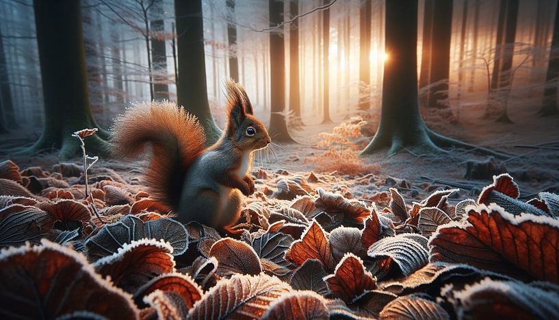 Silence matinal : écureuils dans les feuilles d'automne gelées par artefacti