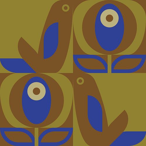 Scandinavisch retro. Vogels en bladeren in kobaltblauw, mosterd en bruin.