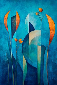 Kleurrijke bloemen in een zee van dromen Geometrische dromen in blauw van Poster Art Shop