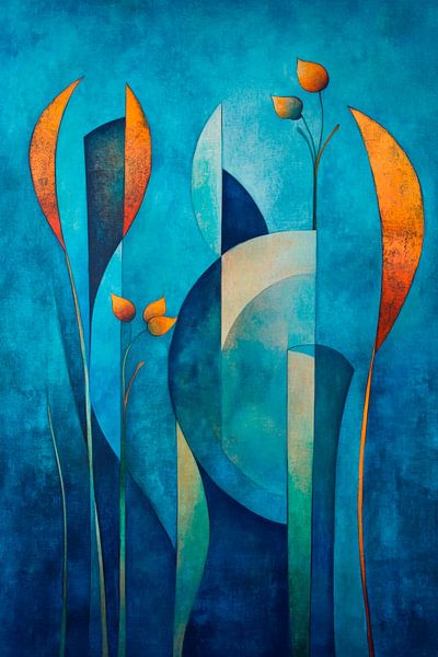 Kleurrijke bloemen in een zee van dromen Geometrische dromen in blauw van Poster Art Shop