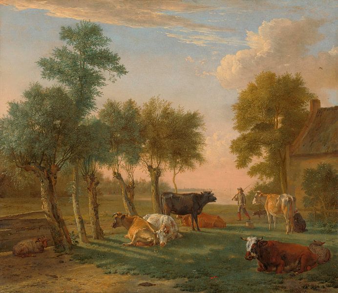 Koeien in de wei bij een boerderij, Paulus Potter, 1653 van Meesterlijcke Meesters