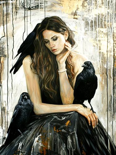 Jonge vrouw zwarte jurk raaf melancholische graffiti