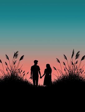 Koppel dat hand in hand loopt bij zonsondergang, romantisch silhouetportret van Ramy Salah Hefny