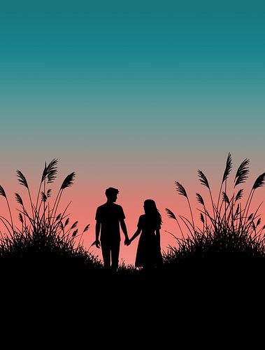 Koppel dat hand in hand loopt bij zonsondergang, romantisch silhouetportret