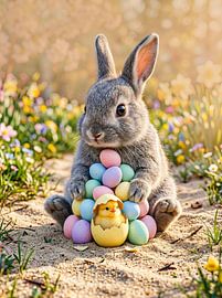 Adorable petit lapin avec des œufs de Pâques aux couleurs pastel