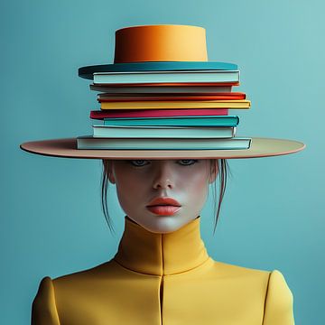 The Weight Of Knowledge | de kennisdrager, intelligentie en verfijning | een jonge vrouw draagt een hoed van boeken op een tijdloze elegante manier van Sander van der Torren