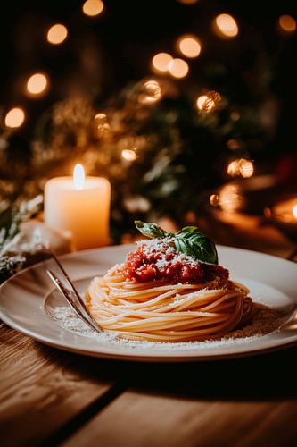 Pasta met tomatensaus en kaarslicht