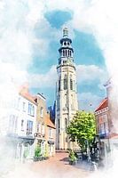 Watercolour painting view of the Lange Jan in Middelburg, Zeeland
