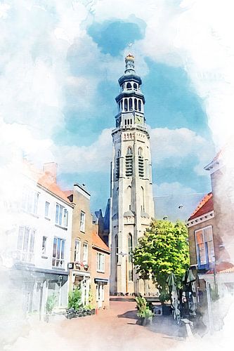 Aquarellierte Ansicht des Langen Jan in Middelburg, Zeeland