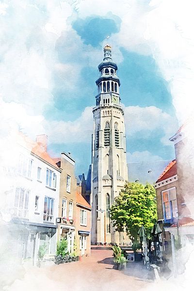 Watercolour painting view of the Lange Jan in Middelburg, Zeeland by Danny de Klerk
