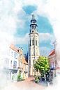 Watercolour painting view of the Lange Jan in Middelburg, Zeeland by Danny de Klerk thumbnail
