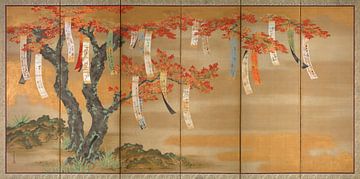 Blühende Kirsche und Herbstahorn mit Gedichtzetteln, Tosa Mitsuoki