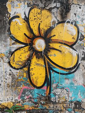Muur graffiti gele bloem verval geschiedenis verleden van gm_designs