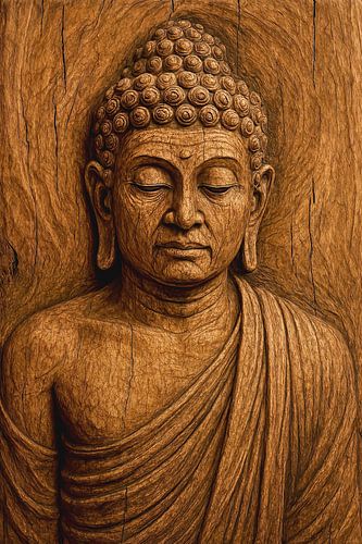Wooden relief of meditating Buddha (AI) (carving, spirituality, Zen, Buddhism) by Natalie Bruns