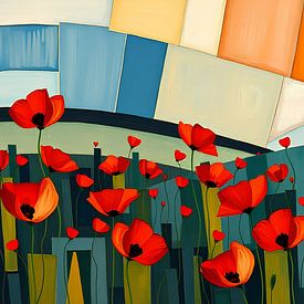 Kubistische Landlandschaft mit Mohnblumenfeld im Vordergrund von Martine Affre Eisenlohr