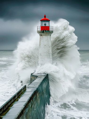Golfbreker bij de rode vuurtoren