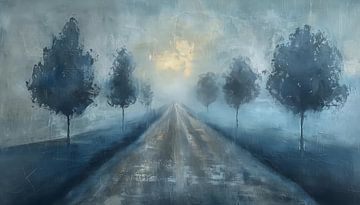 Route de campagne brumeuse panorama bleu semi abstrait sur TheXclusive Art