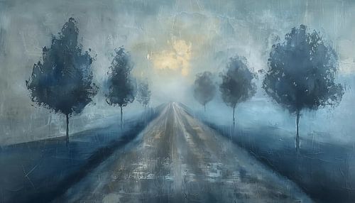 Mistige landweg semi abstract blauw panorama