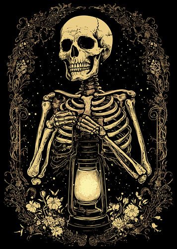 Squelette avec lanterne dans un cadre floral