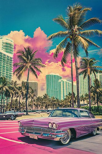 Klassieke oldsmobile in zonnige omgeving met palmbomen en frisse kleuren