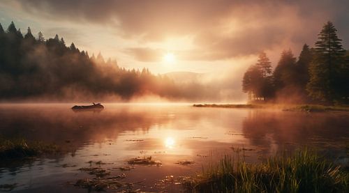 Fog at the mountain lake