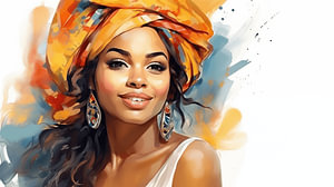 Porträt einer afrikanischen Frau mit lächelndem Aquarell-Kunstdesign und buntem Kopftuch