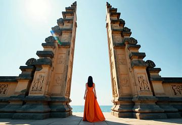 Femme en robe orange entre des piliers de pierre surplombant l'océan sur Markus Gann