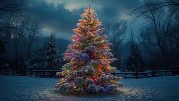 Bunter Weihnachtsbaum im Schnee