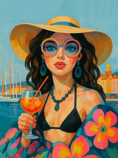 Mediterranean Muse - Colorful Stylish Woman with Cocktail Portrait by Dagmar Pels