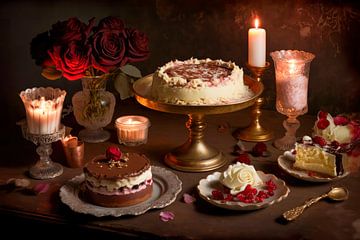 Nature morte avec gâteau, roses et bougies sur Joriali