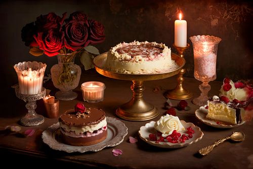 Feesttaart met Rozen en Kaarslicht - Luxe Dessert Stilleven