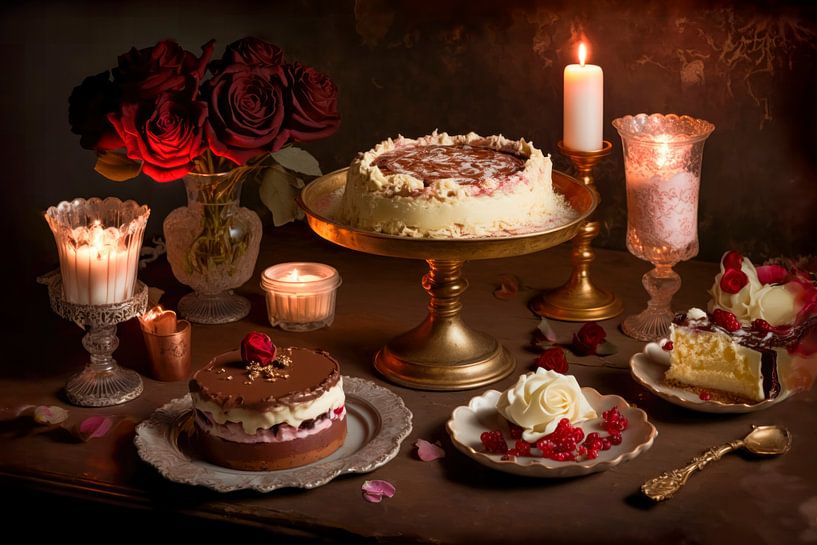 Celebration Cake with Roses and Candlelight - Luxury Dessert Still Life by Joriali photography and paintings
