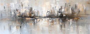 NYC abstract aan het Water: Een Modern Kunstwerk in Neutrale Tinten van Thea